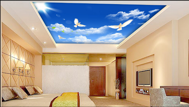 Vẽ tranh tường trần mây với họa tiết chim và bầu trời