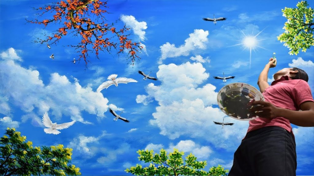 Mẫu trần mây với chim bồ câu, hoa và cây cối