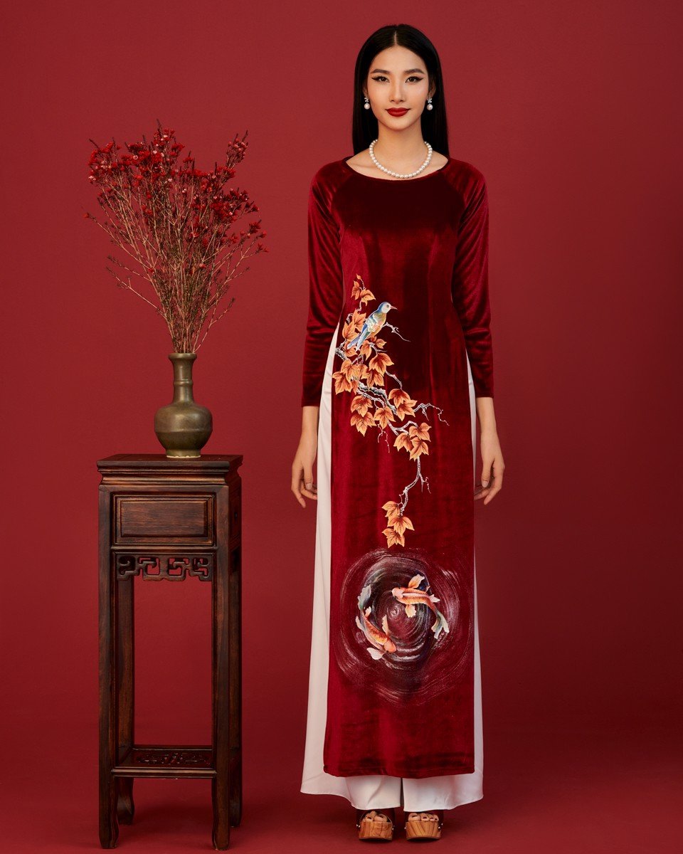 Áo Dài Nhung Đỏ Đô Gems Of Vietnam – Thời Trang F2 - Chuyên Linen Cao Cấp