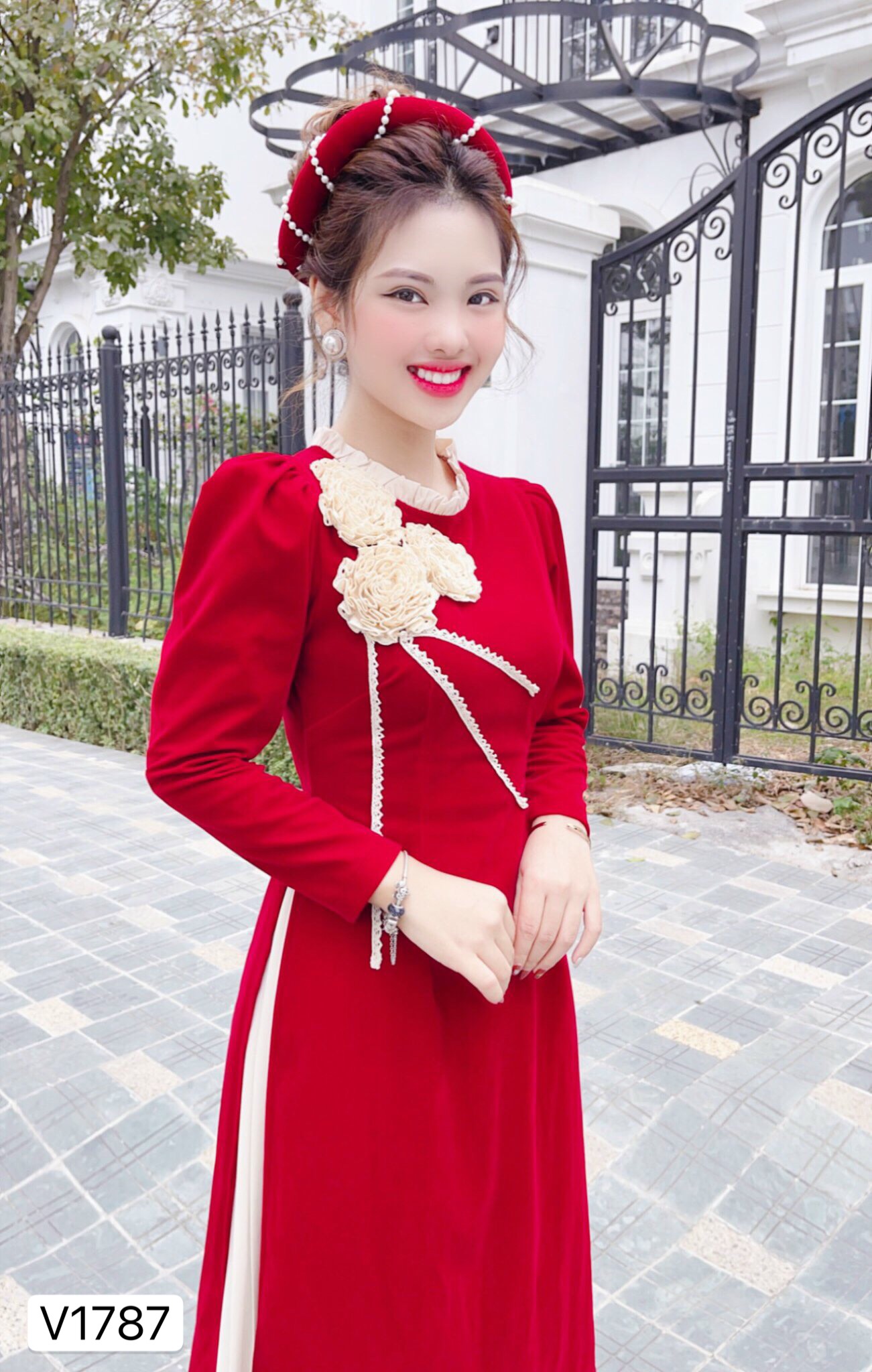 Set áo dài nhung đỏ cách tân hoa 3D S1787 - DVC Fashion