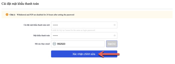 Thiết lập mật khẩu thanh toán